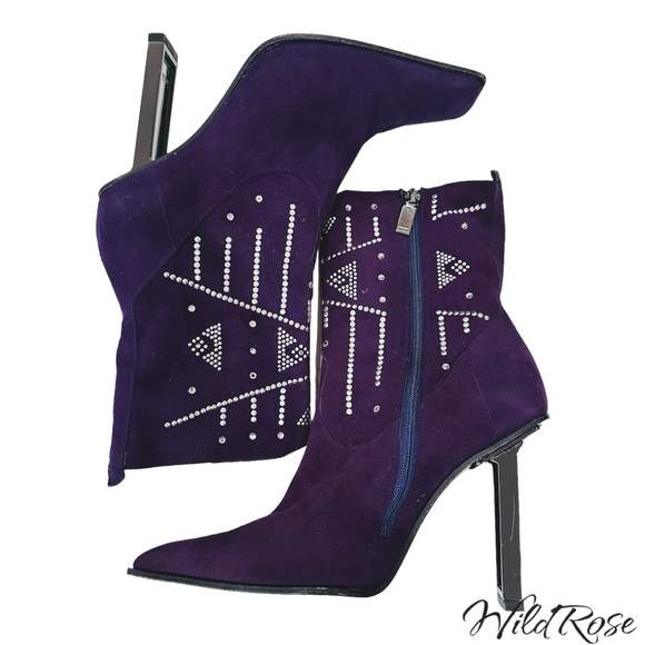 BALDININI Purple Suede w/ Rhinestones Leather Ankle Boots SZ 7 - Picture 3 of 16